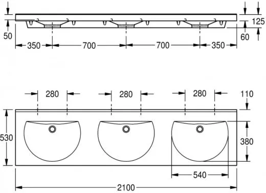 KWC PROFESSIONAL Ronda Reihenwaschtisch ANMW230 Waschtisch MIRANIT 3 Becken fr Wandmontage runde Mulde ohne Hahnlochbohrungen