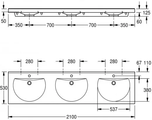 KWC PROFESSIONAL Ronda Reihenwaschtisch ANMW231 Waschtisch MIRANIT 3 Becken fr Wandmontage runde Mulde mit Armaturenbohrung  35mm