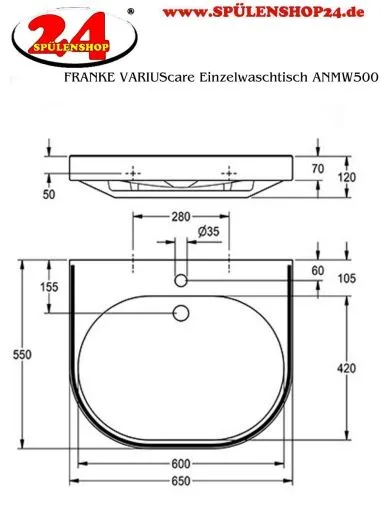 KWC PROFESSIONAL VARIUScare Einzelwaschtisch ANMW500 Waschtisch MIRANIT fr Wandmontage unterfahrbar Barrierefrei* fr Rollstuhlfahrer geeignet