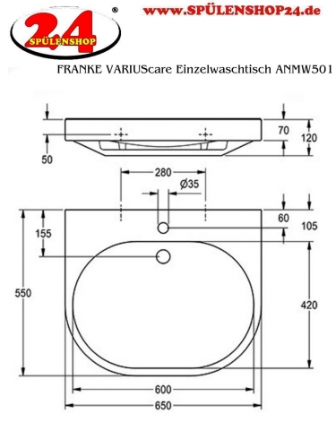 KWC PROFESSIONAL VARIUScare Einzelwaschtisch ANMW501 Waschtisch MIRANIT fr Wandmontage unterfahrbar Barrierefrei* fr Rollstuhlfahrer geeignet