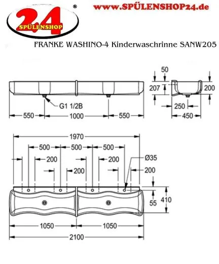 KWC PROFESSIONAL WASHINO-4 Kinder Wasch-und Spielrinne SANW205 Mineralwerkstoff MIRANIT 4 Waschpltze