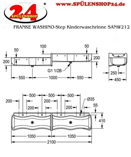 KWC PROFESSIONAL WASHINO-Step Kinder Wasch-und Spielrinne SANW212 Mineralwerkstoff MIRANIT 4 Waschpltze