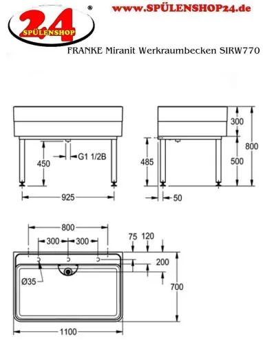 KWC PROFESSIONAL Miranit Werkraumbecken SIRW770 Reinigungsbecken Mineralgranit mit Standrohrventil (1100x700mm)