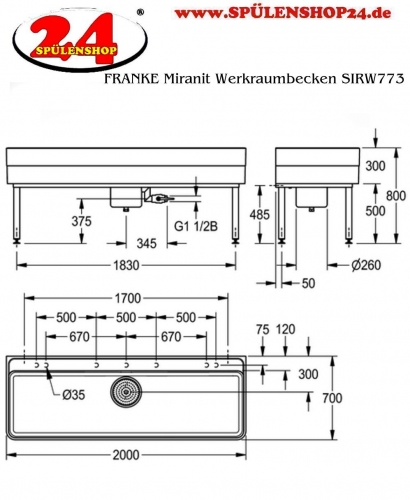 KWC PROFESSIONAL Miranit Werkraumbecken SIRW773 Reinigungsbecken / Schlammfangbecken Mineralgranit (2000x700mm)