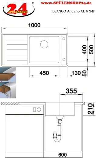 BLANCO Kchensple Andano XL 6 S-IF Edelstahlsple / Einbausple Flachrand mit Ablaufsystem InFino und Drehknopfventil