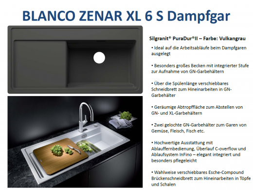 BLANCO Zenar XL 6-S HSB (Holzschneidbrett) DampfgarPlus Silgranit PuraDurII Granitsple / Einbausple InFino mit Drehknopfventil