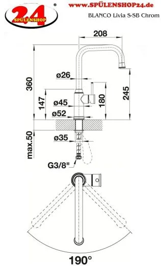 BLANCO Kchenarmatur Livia-S Chrom Einhebelmischer / Spltischarmatur mit Zugauslauf 190 schwenkbarer Auslauf