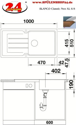 ✅ BLANCO Classic Neo XL 6-S Silgranit PuraDurII Granitsple / Einbausple Ablaufsystem InFino Farbe Felsgrau mit Drehknopfventil