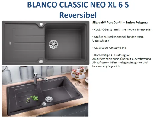 ✅ BLANCO Classic Neo XL 6-S Silgranit PuraDurII Granitsple / Einbausple Ablaufsystem InFino Farbe Felsgrau mit Drehknopfventil