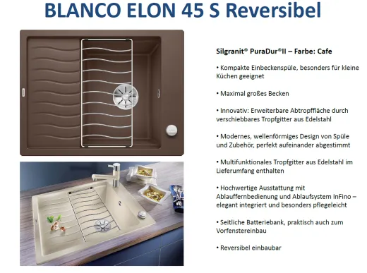 BLANCO Elon 45 S Silgranit PuraDurII Granitsple / Einbausple Ablaufsystem InFino mit Drehknopfventil