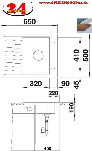 BLANCO Elon 45 S Silgranit PuraDurII Granitsple / Einbausple Ablaufsystem InFino mit Drehknopfventil
