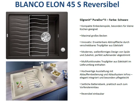 BLANCO Elon 45 S Silgranit PuraDurII Granitsple / Einbausple Ablaufsystem InFino mit Drehknopfventil