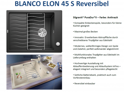 BLANCO Elon 45 S Silgranit PuraDurII Granitsple / Einbausple Ablaufsystem InFino mit Drehknopfventil
