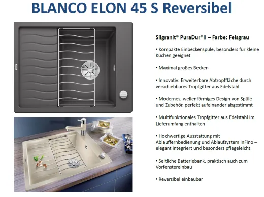 BLANCO Elon 45 S Silgranit PuraDurII Granitsple / Einbausple Ablaufsystem InFino mit Drehknopfventil