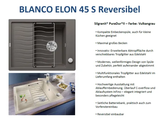 BLANCO Elon 45 S Silgranit PuraDurII Granitsple / Einbausple Ablaufsystem InFino mit Drehknopfventil