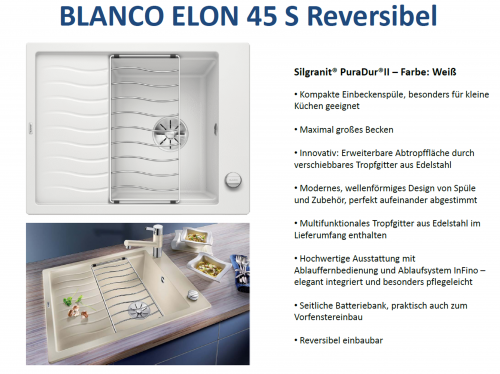 BLANCO Elon 45 S Silgranit PuraDurII Granitsple / Einbausple Ablaufsystem InFino mit Drehknopfventil