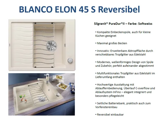 BLANCO Elon 45 S Silgranit PuraDurII Granitsple / Einbausple Ablaufsystem InFino mit Drehknopfventil