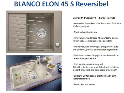 BLANCO Elon 45 S Silgranit PuraDurII Granitsple / Einbausple Ablaufsystem InFino mit Drehknopfventil