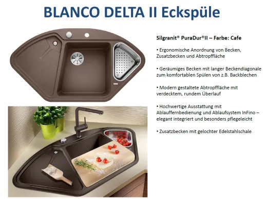 BLANCO Ecksple Delta II Silgranit PuraDurII Granitsple / Einbausple Ablaufsystem InFino mit Drehknopfventil