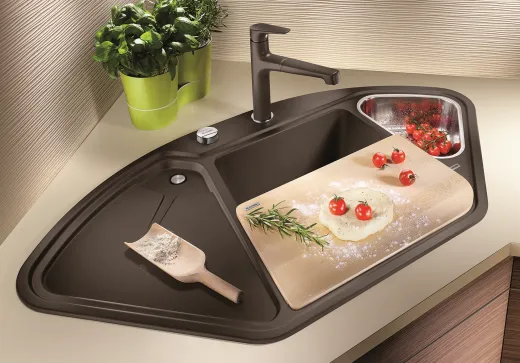 BLANCO Ecksple Delta II Silgranit PuraDurII Granitsple / Einbausple Ablaufsystem InFino mit Drehknopfventil