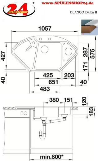 BLANCO Ecksple Delta II Silgranit PuraDurII Granitsple / Einbausple Ablaufsystem InFino mit Drehknopfventil