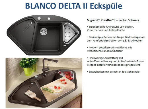 BLANCO Ecksple Delta II Silgranit PuraDurII Granitsple / Einbausple Ablaufsystem InFino mit Drehknopfventil