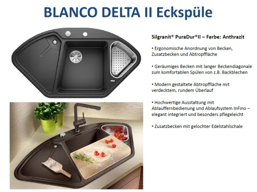 BLANCO Ecksple Delta II Silgranit PuraDurII Granitsple / Einbausple Ablaufsystem InFino mit Drehknopfventil
