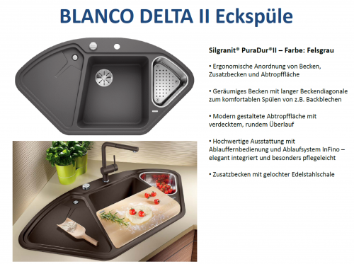BLANCO Ecksple Delta II Silgranit PuraDurII Granitsple / Einbausple Ablaufsystem InFino mit Drehknopfventil