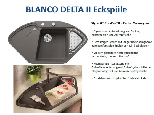 BLANCO Ecksple Delta II Silgranit PuraDurII Granitsple / Einbausple Ablaufsystem InFino mit Drehknopfventil