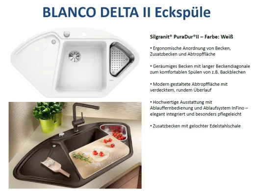 BLANCO Ecksple Delta II Silgranit PuraDurII Granitsple / Einbausple Ablaufsystem InFino mit Drehknopfventil