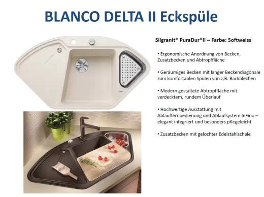 BLANCO Ecksple Delta II Silgranit PuraDurII Granitsple / Einbausple Ablaufsystem InFino mit Drehknopfventil
