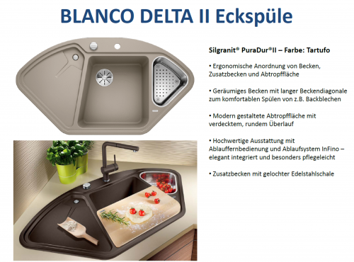 BLANCO Ecksple Delta II Silgranit PuraDurII Granitsple / Einbausple Ablaufsystem InFino mit Drehknopfventil