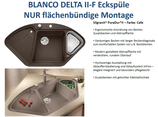 BLANCO Ecksple Delta II-F Silgranit PuraDurII Granitsple Flchenbndig Ablaufsystem InFino mit Drehknopfventil