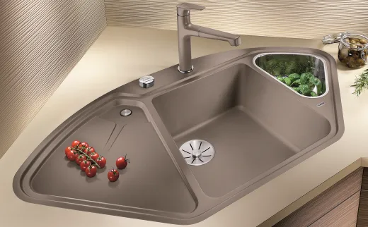 BLANCO Ecksple Delta II-F Silgranit PuraDurII Granitsple Flchenbndig Ablaufsystem InFino mit Drehknopfventil