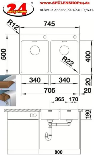 BLANCO Kchensple Andano 340/340-IF/A Edelstahlsple / Doppelsple Flachrand mit Ablaufsystem InFino und PushControl