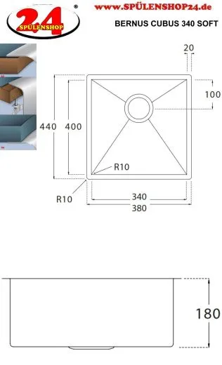 BERNUS Kchensple Cubus 340 Soft Einbausple Edelstahl 3 in 1 mit Flachrand Siebkorb als Stopfenventil