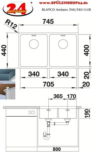 BLANCO Doppelsple Andano 340/340-U Edelstahlsple / Unterbausple mit Ablaufsystem InFino und Handbettigung