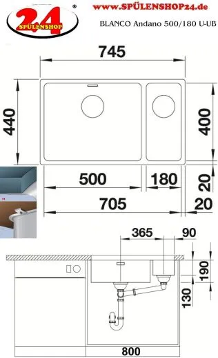 BLANCO Kchensple Andano 500/180-U Edelstahlsple / Unterbaubecken mit Ablaufsystem InFino und Handbettigung