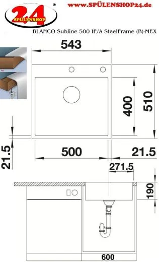 BLANCO Subline 500-IF/A SteelFrame Materialmix Silgranit mit Edelstahl Einbausple mit Ablaufsystem InFino Zugknopfventil