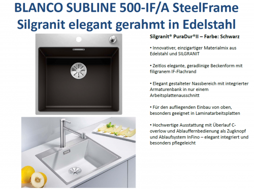 BLANCO Subline 500-IF/A SteelFrame Materialmix Silgranit mit Edelstahl Einbausple mit Ablaufsystem InFino Zugknopfventil