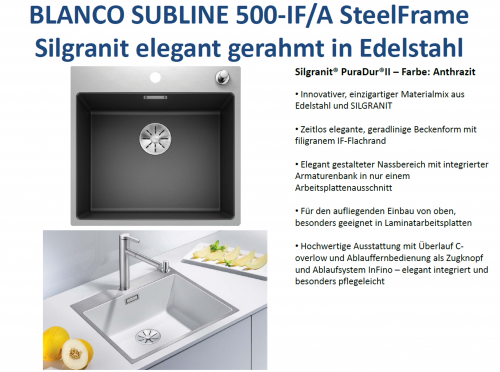 BLANCO Subline 500-IF/A SteelFrame Materialmix Silgranit mit Edelstahl Einbausple mit Ablaufsystem InFino Zugknopfventil