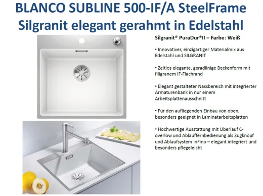 BLANCO Subline 500-IF/A SteelFrame Materialmix Silgranit mit Edelstahl Einbausple mit Ablaufsystem InFino Zugknopfventil
