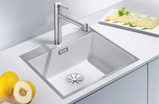 BLANCO Subline 500-IF/A SteelFrame Materialmix Silgranit mit Edelstahl Einbausple mit Ablaufsystem InFino Zugknopfventil