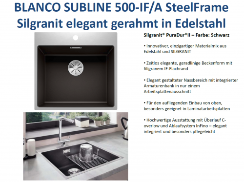 BLANCO Subline 500-IF/A SteelFrame Materialmix Silgranit mit Edelstahl Einbausple mit Ablaufsystem InFino Handbettigung