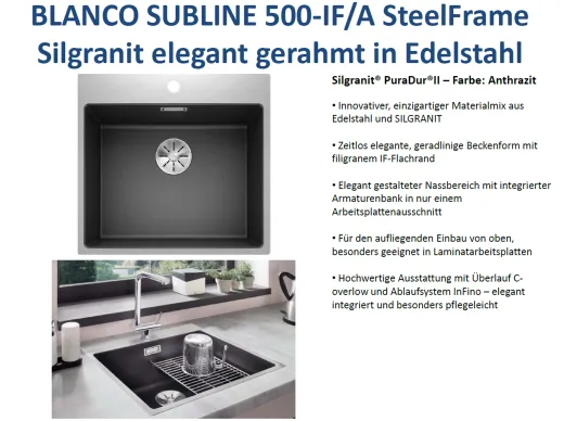 BLANCO Subline 500-IF/A SteelFrame Materialmix Silgranit mit Edelstahl Einbausple mit Ablaufsystem InFino Handbettigung