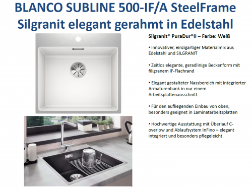 BLANCO Subline 500-IF/A SteelFrame Materialmix Silgranit mit Edelstahl Einbausple mit Ablaufsystem InFino Handbettigung