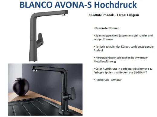 BLANCO Kchenarmatur Avona-S Silgranit-Look Einhebelmischer mit Zugauslauf 190 schwenkbarer Auslauf