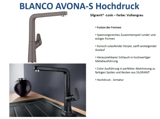 BLANCO Kchenarmatur Avona-S Silgranit-Look Einhebelmischer mit Zugauslauf 190 schwenkbarer Auslauf