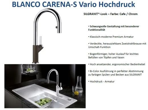 BLANCO Carena-S Vario Silgranit-Look Einhebelmischer mit Zugauslauf verdeckter Auslauf umstellbar