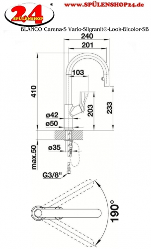 BLANCO Carena-S Vario Silgranit-Look Einhebelmischer mit Zugauslauf verdeckter Auslauf umstellbar